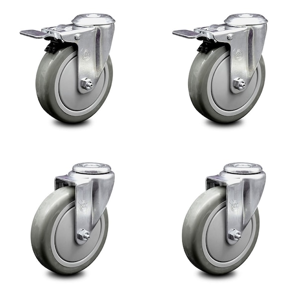 5 Inch Gray Polyurethane Swivel Bolt Hole Caster Set with 2 Total Lock Brake